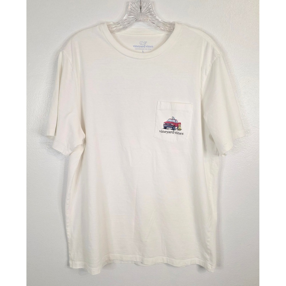 Vineyard Vines Mens White Truck Dog Surfboard Graphic Pocket T-Shirt Large